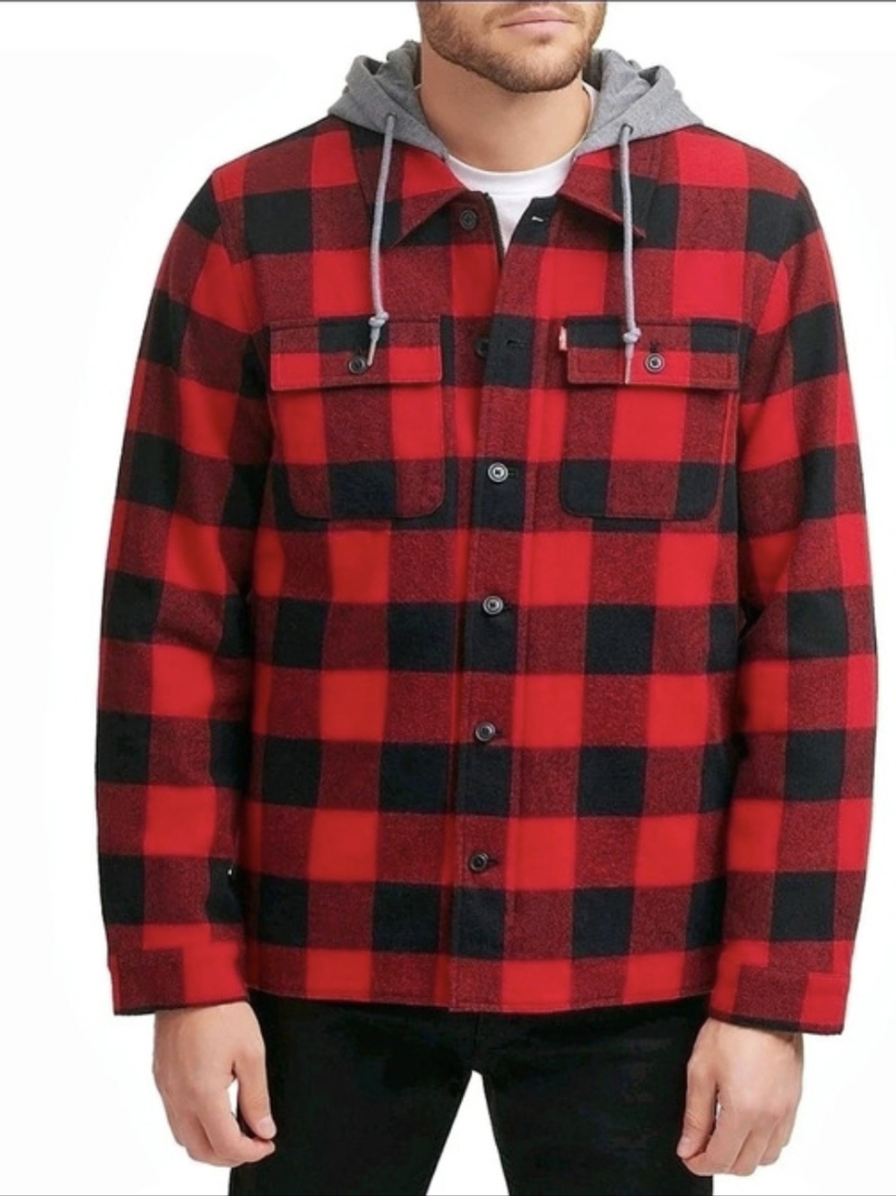 Levi's XL Sherpa Lined Mens Plaid Hooded Jacket Red Black Mid-Length Zipper
